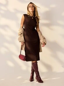 Aralina Gaun Midi Tanpa Lengan Satu Bahu Bertekstur Chic untuk Wanita, Sempurna untuk Pesta atau Acara Jalan-jalan. - Coffee Brown - View 4