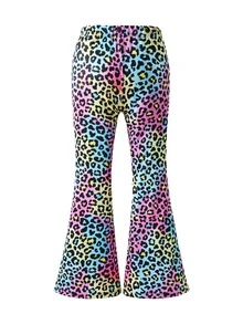 SHEIN Tween Girl Fashionable Street Style Y2k 2000s Animal Leopard Print Flare Leggings Long Pants, Spring And Autumn, Dance Gymnastics Pink And Blue School - Multicolor - View 2