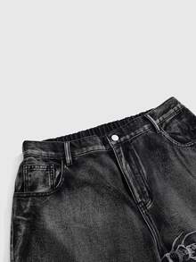 ROMWE Grunge Punk Plus Size Casual Washed Embroidered Denim Jeans - Black - View 3