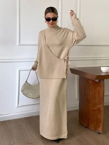 Strévra Women's Winter Apricot Round Neck Long Sleeve Slim Fit Waist Ribbed Knit Elegant Sweater Dress - Apricot - View 6