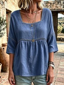 Linhara CURVE Plus Size Lady's Round-Neck Casual Resort Autumn Shirt - Blue - View 4