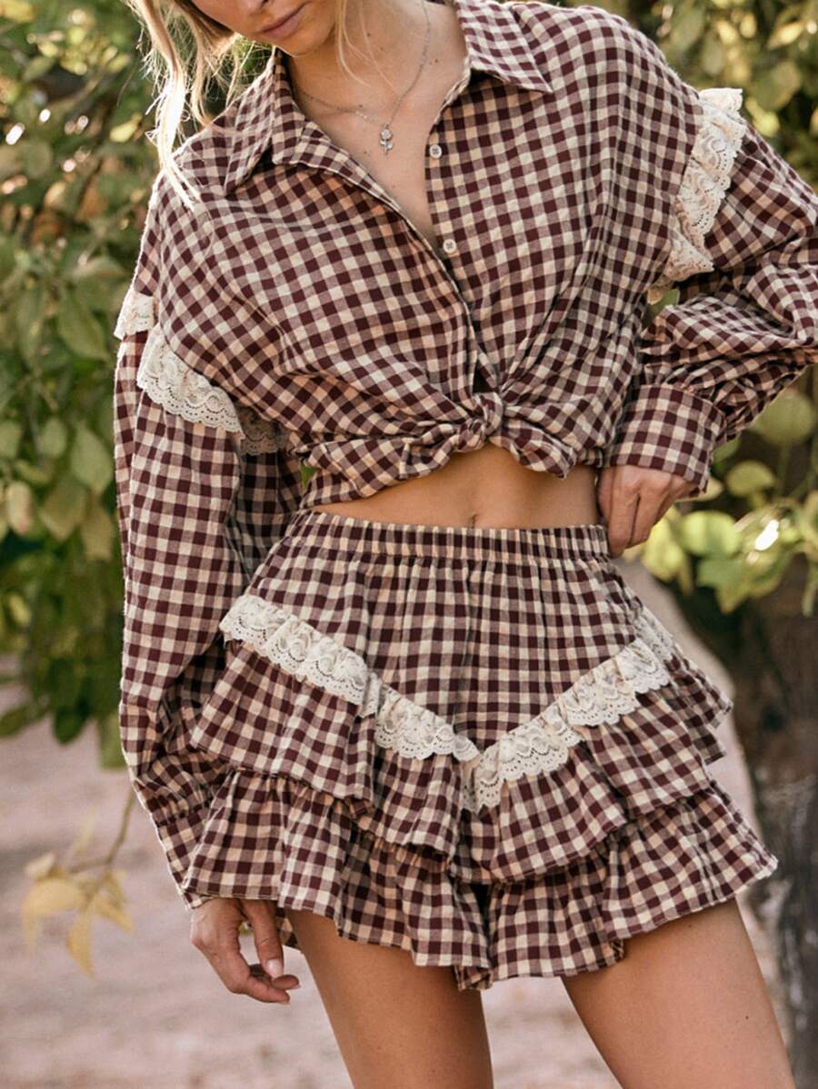 WESTFADE Gingham & Lace Tiered Ruffle Shorts, Fall Winter 2026, Western Style, Cowgirl Clothing, Rodeo, Female Country Look, Autumn - Multicolor - View 1