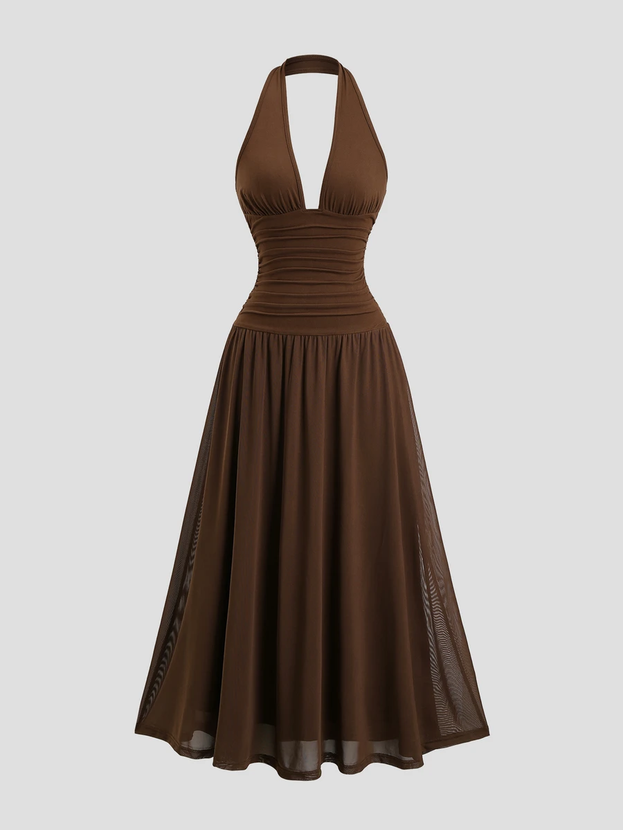 Sweetra Y2K Sexy Versatile Commute Elegant Slimming Vacation Long Dress - Coffee - View 1