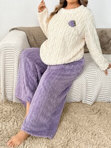 SHEIN CURVE+ Setelan Pakaian Santai Wanita Ukuran Besar yang Nyaman, Atasan Lengan Panjang dan Celana Longgar untuk Musim Gugur/Musim Dingin - Purple - View 3