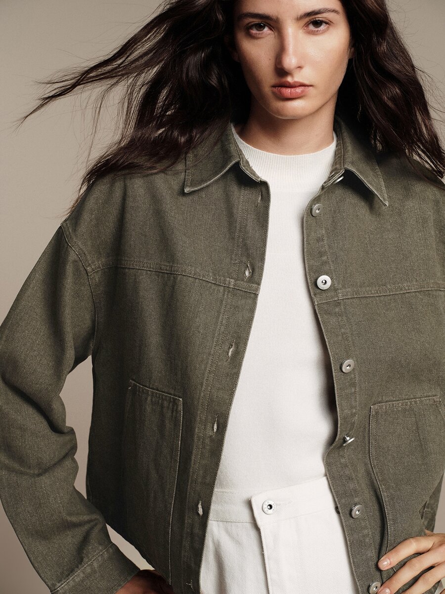 Anewsta Essential Women's Vintage American Style Washed Denim Collared Short Jacket In Army Green, Autumn/Winter - Green - View 1