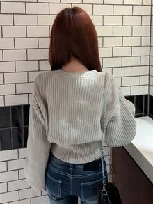 FRIFUL Women's Casual 2000s Rhinestone Decorated Sweater, Autumn/Winter Date School Light Grey Autumn Winter Long Sleeve Tops - Grey - View 4