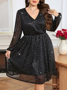 SHEIN LUNE 大尺碼女款V領亮片時尚約會派對洋裝 - 黑色 - 查看 4