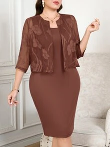Reflora Fashionable Elegant Cut-Out Top & Dress Plus Size 2 Pieces Set - Redwood - View 6