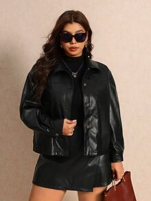Elaquor Plus Size Women's Solid Color PU Leather Single-Breasted Jacket And Skort Fashion 2 Pieces Set Winter - Black - View 5
