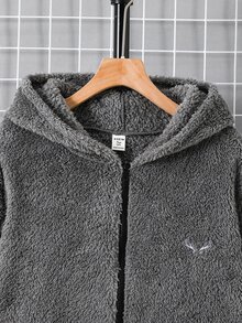 SHEIN 青少年男孩冬季刺繡貼布圓領寬鬆套頭抓絨衛衣 - 灰色 - 查看 3