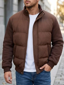DAZY Brown Padded Body With Contrast Sleeves, Faux Fur Collar Design Men's Padded Coat - Brown - View 3