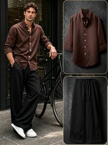 Airaco Men's Solid Color Long Sleeve Single-Breasted Shirt And Pants Casual Set - Multicolor - View 1