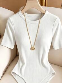 EMERY ROSE Women's Solid Color Round Neck Short Sleeve Casual Bodysuit - White - View 3