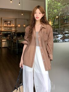 DAZY 女款條紋落肩長袖單排扣休閒襯衫 - 咖啡棕 - 查看 6