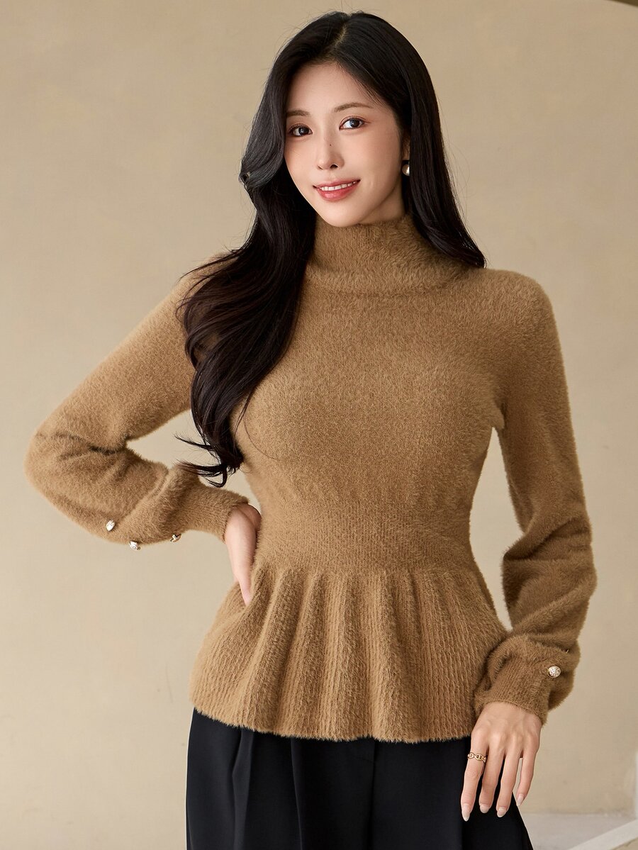 DAZY Women's Elegant Solid Color Stand Collar Sweater, Autumn/Winter Long Sleeve Tops - Brown - View 1