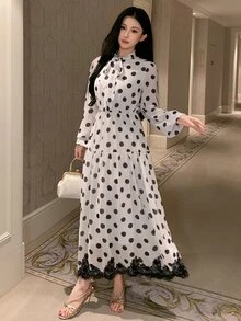 DAZY 女款優雅通勤波點印花蕾絲拼接洋裝 秋季 - 白色 - 查看 1