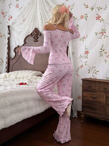 CottageSlumber Women's Knit Bow Print Lace Patchwork Ruffle Long Sleeve Long Pants Pajama Set - Pink - View 2