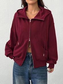 SHEIN EZwear 女款前拉鍊長袖口袋連帽衫 - 酒紅色 - 查看 6