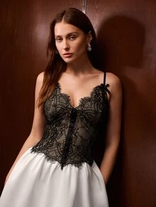 MOTF PREMIUM FASHION CASUAL LACE SPAGHETTI STRAP MID-LENGTH DRESS FOR WOMEN - Black and White - View 5