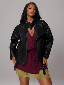 Rustia Jaket Fashion Wanita Ukuran Besar Warna Polos Kulit PU Lengan Panjang dengan Saku untuk Musim Gugur - Hitam - View 6