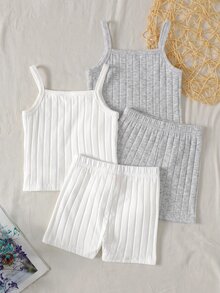 SHEIN 女童少女細肩帶背心搭配短袖條紋套裝組 - 彩色 - 查看 6