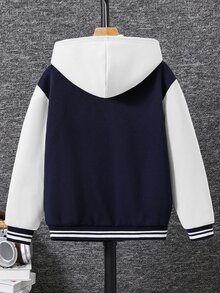 SHEIN 兒童青少年男孩休閒百搭拼接撞色加厚連帽外套，適合學校、花園、生日、秋季、冬季、萬聖節 - 藍白色 - 查看 5