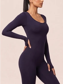 SHEIN BAE Women Dark Purple Seamless Backless Athletic Jumpsuit Gym Workout Training Running Yoga Sports Bodysuit - Bold Plum - View 3