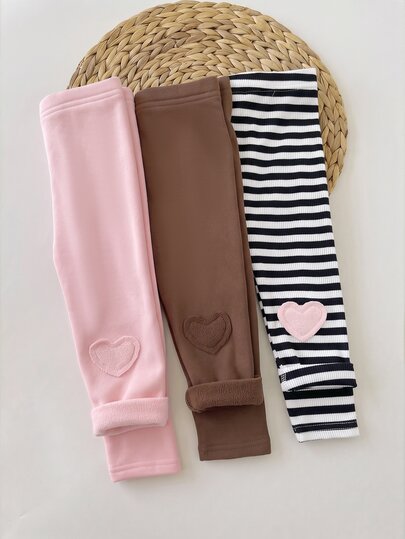 SHEIN 3pcs Baby GirlCute Fitted Knit Solid Color Heart Pattern Elastic Waist Long Pants