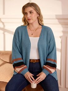 EMERY ROSE Cardigan de punto a rayas de bloques de color para vacaciones de talla grande - Neblina azul - Ver 6