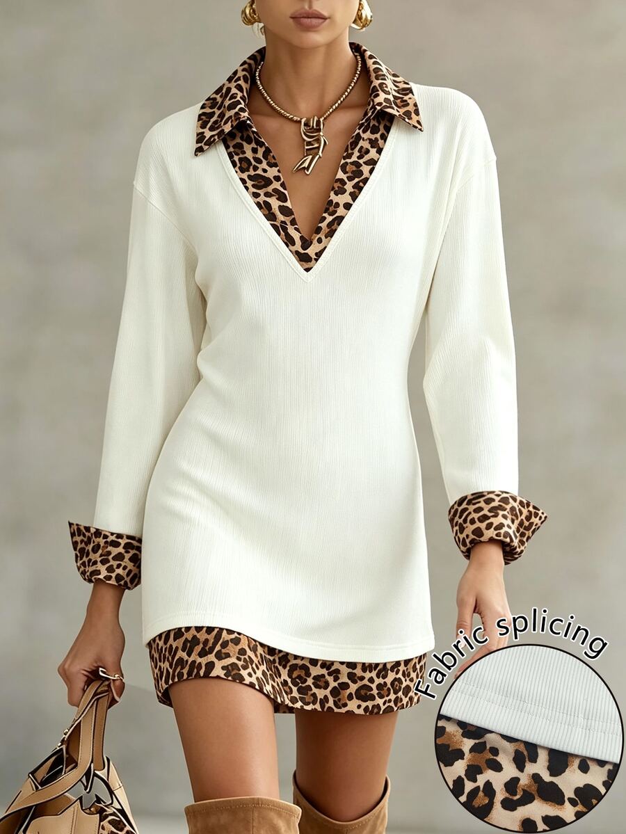 Glimmora Women's Autumn Fashion Leopard Print Patchwork 2 In 1 Dress - Multicolor - View 1