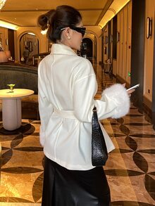 Livesso Women's Plush Patchwork Casual Versatile Daily Wear Overcoat Fall - Beige - View 2