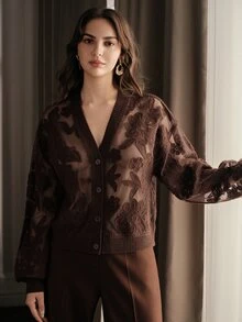 Anewsta Women's Loose Knit Cardigan With Asymmetrical Floral Mesh Rope Embroidery, Sheer V-Neck, Autumn Commute - Coffee Brown - View 6