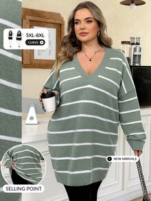 SHEIN CURVE+ Black White V Neck Striped Pattern Drop Shoulder Sweater,Knitted Sweater In Fall/Winter - Green - View 1