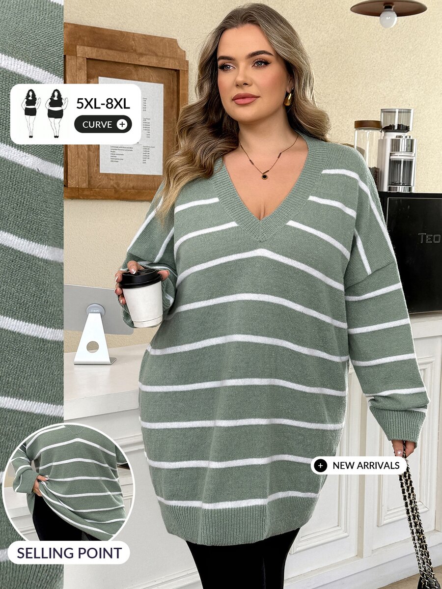 SHEIN CURVE+ Black White V Neck Striped Pattern Drop Shoulder Sweater,Knitted Sweater In Fall/Winter - Green - View 1