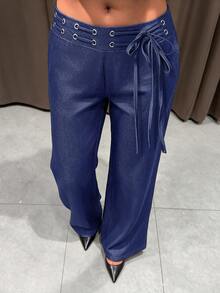 Avenya Low Waist Eyelet Lace-Up Denim Effect Casual Pants - Blue - View 1