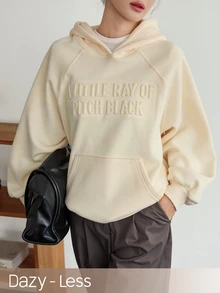 Dazy-Less Women's Slogan Embossed Raglan Long Sleeve Casual Hooded Sweatshirt Fall - Beige - View 3