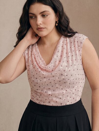 Anewsta Spring/Summer Pink Polka Dot Lace Ruffle Neck Soft Minimalist Sexy Style Plus Size Women's T-Shirt Top