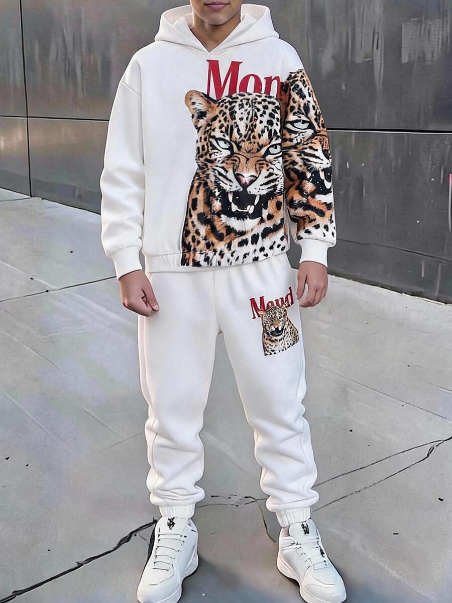 SHEIN Teen Boy Leopard Print Long Sleeve Hoodie And Sweatpants Casual Set - Multicolor - View 1