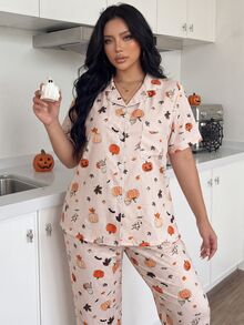 ZzzCrew Plus Size Striped Pajama Set With Collared Button-Front Puff Crinkle Halloween Print Short Sleeve Top And Long Pants - Multicolor - View 5