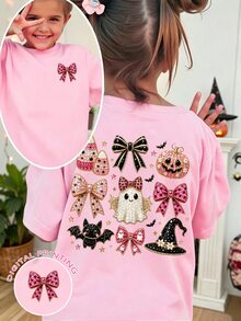SHEIN 萬聖節女童幼兒時尚創意 9 格閃粉南瓜蝴蝶結幽靈小惡魔巫師帽裝飾圖案印花基本款短袖 T 恤 - 粉色 - 查看 3