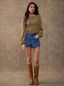 WESTFADE Smocked Boatneck Long Puff Sleeve Ruffle Hem Fitted Embroidered Plaid Blouse Top, Fall Winter 2026 Western Style Cowgirl Clothing, Female Country Look - Green - View 6