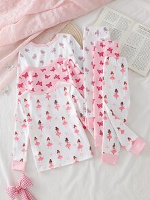 女嬰甜美可愛愛心、仙女與蝴蝶卡通印花長袖上衣與長褲套裝，貼身彈性修身休閒秋冬套裝 - 彩色 - 查看 4