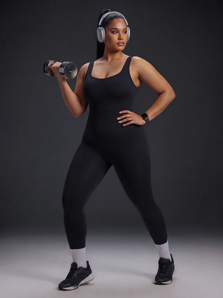Powerista Plus Size Women's Back Cut-Out Racer Back Shaping Sports Jumpsuit Seamless Gym Running Grey Workout Fitness Breathable All Seasons - Black - View 1