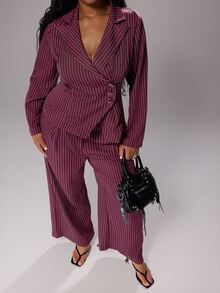 Rustia Plus Size Spring/Autumn Vintage Premium Fashion Striped Long Sleeve Waist-Cinching Slimming Blazer Suit Set - Burgundy - View 7