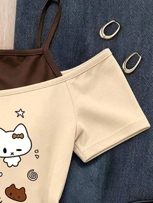 SHEIN Sparklyn 女童動物圖案印花休閒假兩件式單肩細肩帶短袖T恤上衣，舒適春秋日常穿著 - 彩色 - 查看 3