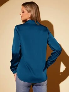 Amorya Women's Elegant Solid Color Acetate Satin Open Front Long Sleeve Blouse - Teal Blue - View 2