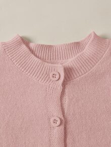 SHEIN 女童秋季/冬季黃色修身圓領針織開襟毛衣外套，基本款針織開襟衫，適合海邊度假、冷氣房、開學季、優雅聚會等場合，適合秋冬穿著 - 粉色 - 查看 3
