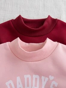 2件組幼兒女嬰可愛甜美粉色酒紅字母愛心羅紋長袖小高領運動衫慢跑褲休閒套裝，適合度假、秋冬、萬聖節 - 彩色 - 查看 5