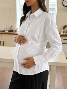 Dazy Maternity Solid Color Fitted Pleated Long Sleeve White Shirt Casual Korean Style Spring/Autumn Maternity Top - White - View 8