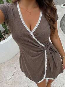Dazy Plus Lace Patchwork V-Neck Asymmetric Front Closure Belted Short Dress Nightgown Loungewear - Khaki - View 6